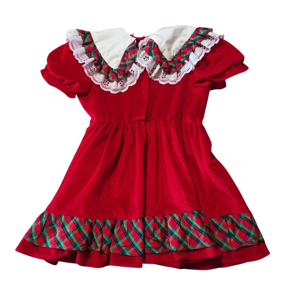 Girls Red Holiday Ruffle Dress with Plaid Trim - Picture 2 of 6